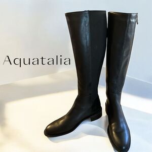 Aquatalia Women's Black Tall Leather Silver Long Zipper Riding Boot Weatherproof